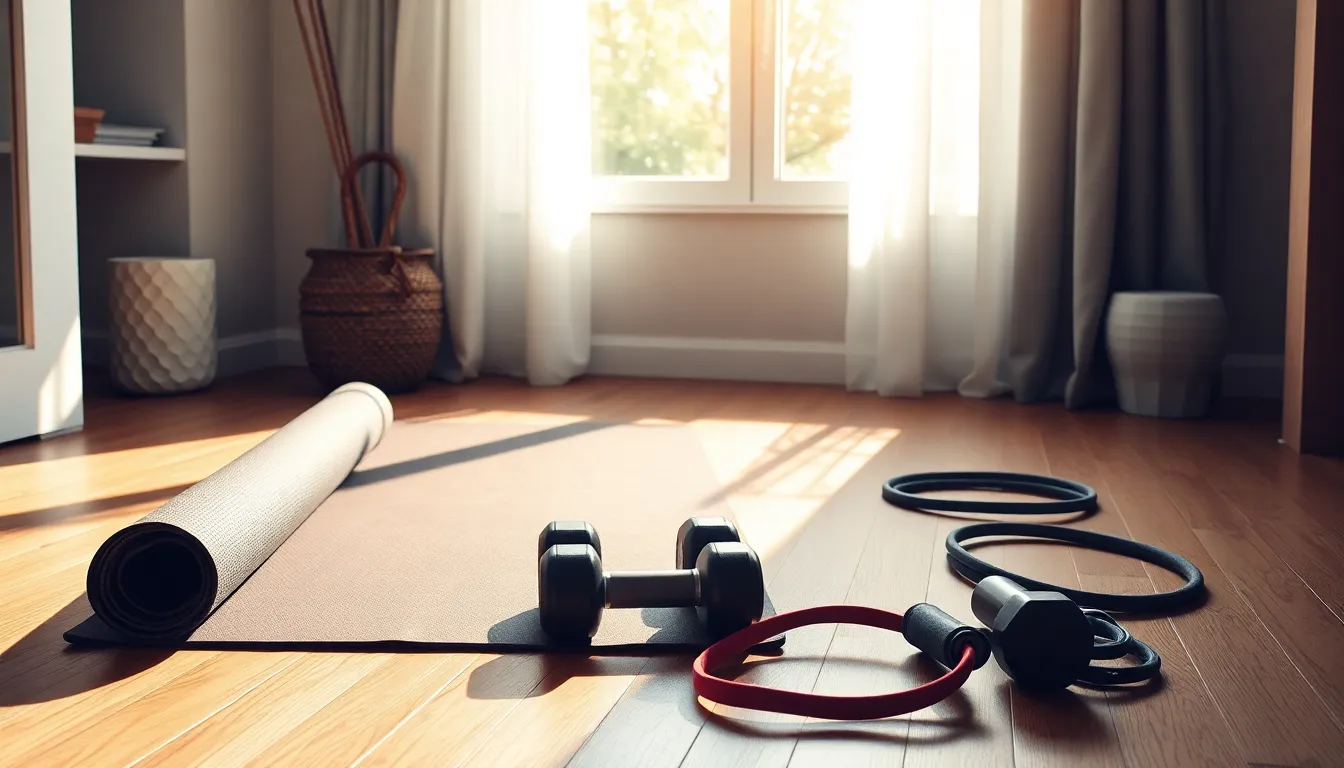 집에서 스마트 기기를 활용하여 운동하는 모습