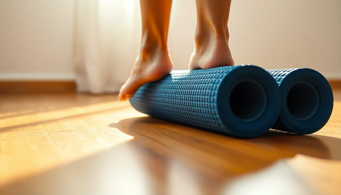 폼롤러를 이용해 등 근육을 이완하는 모습