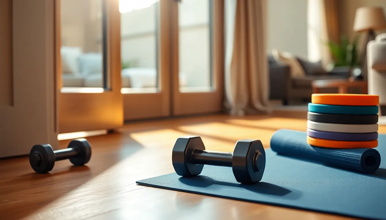 다양한 홈트레이닝 장비들이 정돈되어 있는 모습