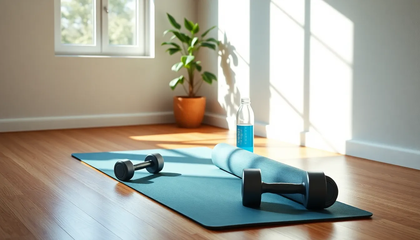 홈트레이닝을 위한 다양한 운동 기구들이 깔끔하게 정돈된 모습